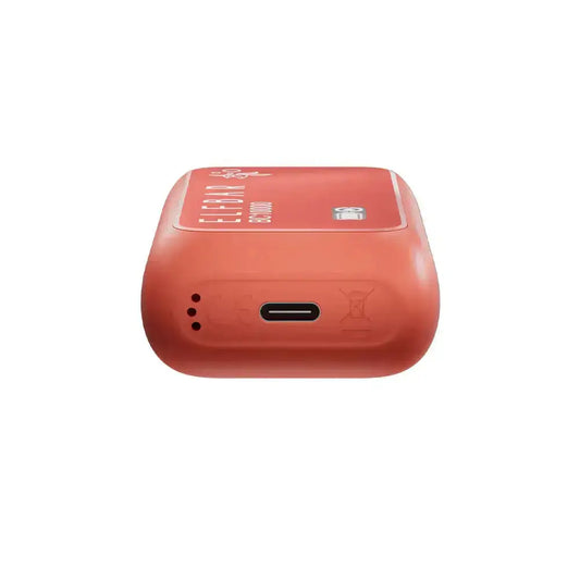 Close-up image of a red portable electronic device with a USB-C charging port, three small indicator holes, and a rounded rectangular design, highlighting its compact and modern construction.