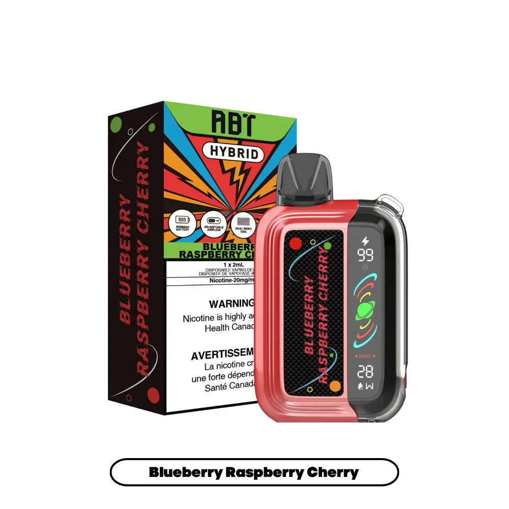 ABT Hybrid Blueberry Raspberry Cherry disposable vape device with a red and black shell and digital display screen, positioned next to its colorful branded packaging.