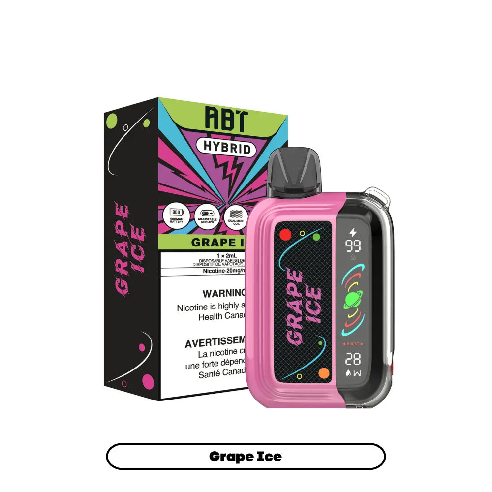 ABT Hybrid Grape Ice disposable vape device with a pink and black body featuring a digital display screen next to its colorful branded packaging.