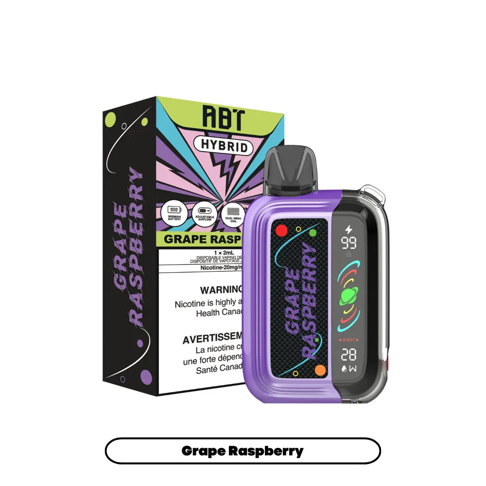 ABT Hybrid Grape Raspberry disposable vape device with a purple and black shell featuring a digital display next to its colorful branded packaging.
