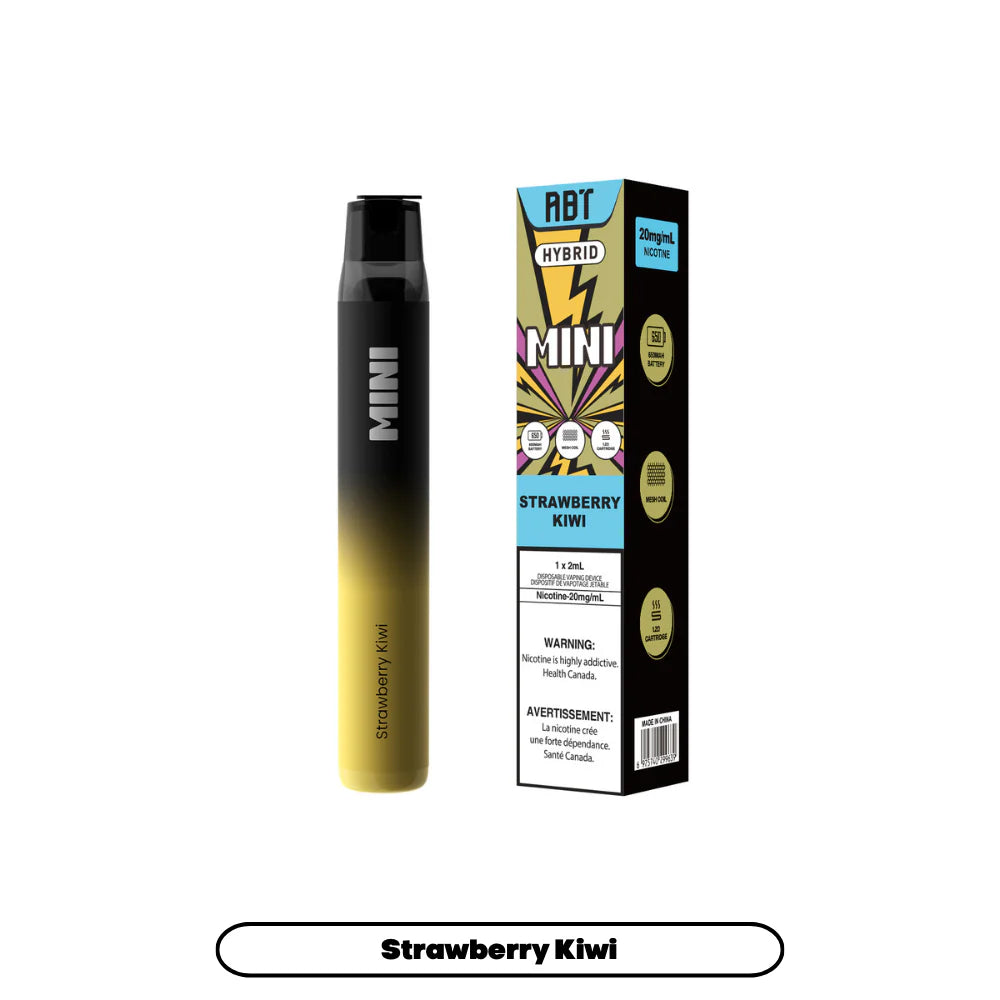 An ABT Hybrid Mini disposable vape pen in a black-to-yellow gradient finish stands next to its matching product box, which features a yellow lightning bolt graphic, the flavor name Strawberry Kiwi, and nicotine strength information.