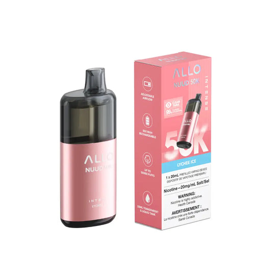 Allo Nuud 50K Intense Lychee Ice disposable vape featuring a metallic pink and black device standing next to its pink retail packaging on a white background.
