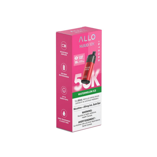 A pink and white cardboard box for the ALLO NUUD 50K INTENSE Watermelon Ice disposable vape, featuring an image of the red and black device with text indicating 20mg/mL nicotine salt and a 50,000 puff capacity.