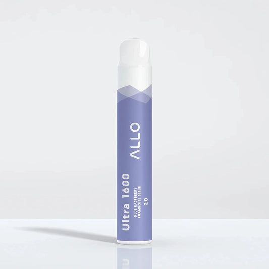 Allo Ultra 1600 Blue Raspberry disposable vape featuring a purple cylindrical body with a white mouthpiece and text reading Allo Ultra 1600 Blue Raspberry Framboise Bleue 20.