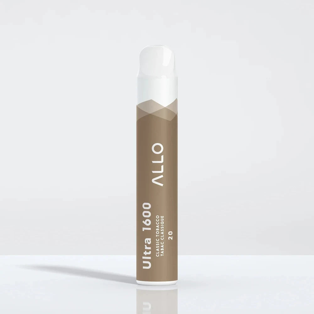 A brown and white Allo Ultra 1600 disposable vape featuring the text Allo, Ultra 1600, Classic Tobacco, and 20 on a plain white background.