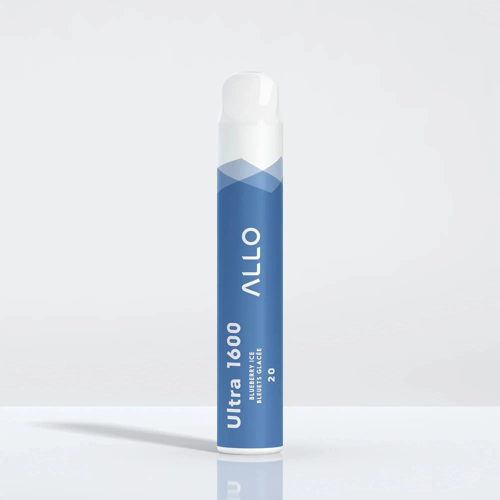 An Allo Ultra 1600 Blueberry Ice disposable vape featuring a blue cylindrical body with white text and a white mouthpiece against a plain light background.