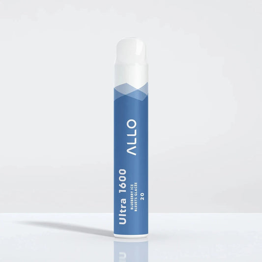 An Allo Ultra 1600 Blueberry Ice disposable vape featuring a blue cylindrical body with white text and a white mouthpiece against a plain light background.