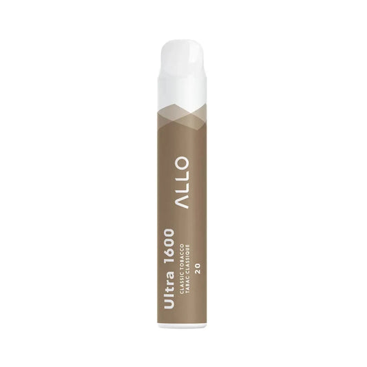 An Allo Ultra 1600 Classic Tobacco disposable vape featuring a brown cylindrical body with white text and a white mouthpiece against a plain white background.