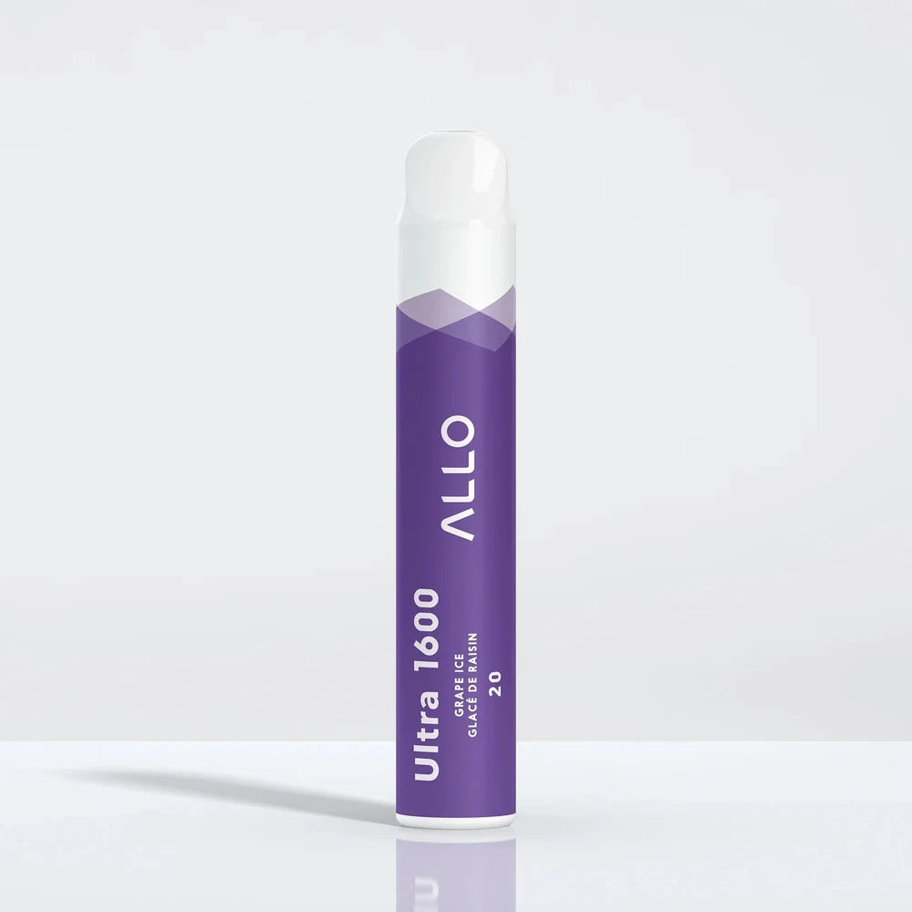 An Allo Ultra 1600 Grape Ice disposable vape featuring a purple cylindrical body with white text and a white mouthpiece, standing upright against a plain light grey background.