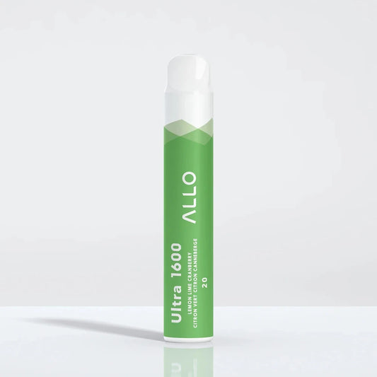Allo Ultra 1600 Lemon Lime Cranberry disposable vape featuring a green cylindrical body with white text and a white mouthpiece against a plain light background.