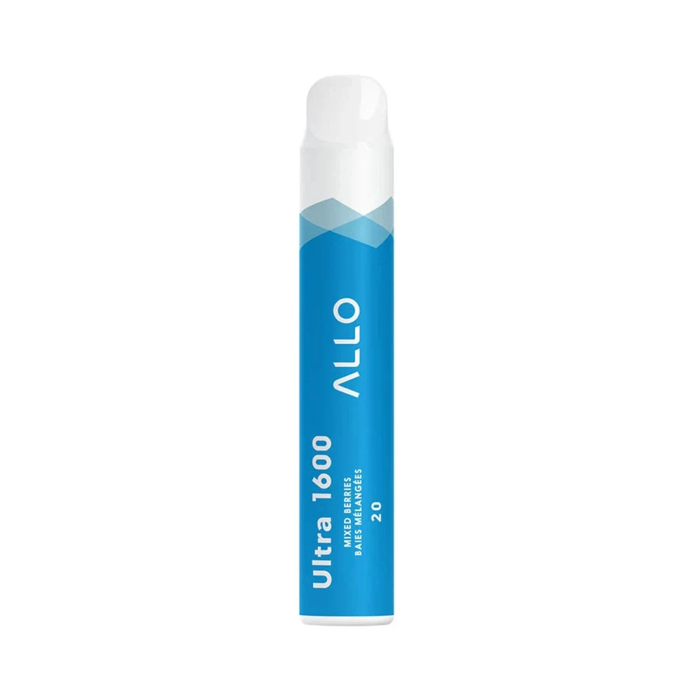 A blue ALLO Ultra 1600 disposable vape pen with a white mouthpiece, featuring the text Ultra 1600 Mixed Berries Baies Mélangées 20 printed on the side against a plain white background.