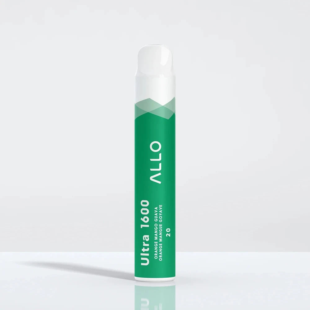 An Allo Ultra 1600 Orange Mango Guava disposable vape featuring a green cylindrical body with a white mouthpiece and text reading Allo Ultra 1600 Orange Mango Guava.