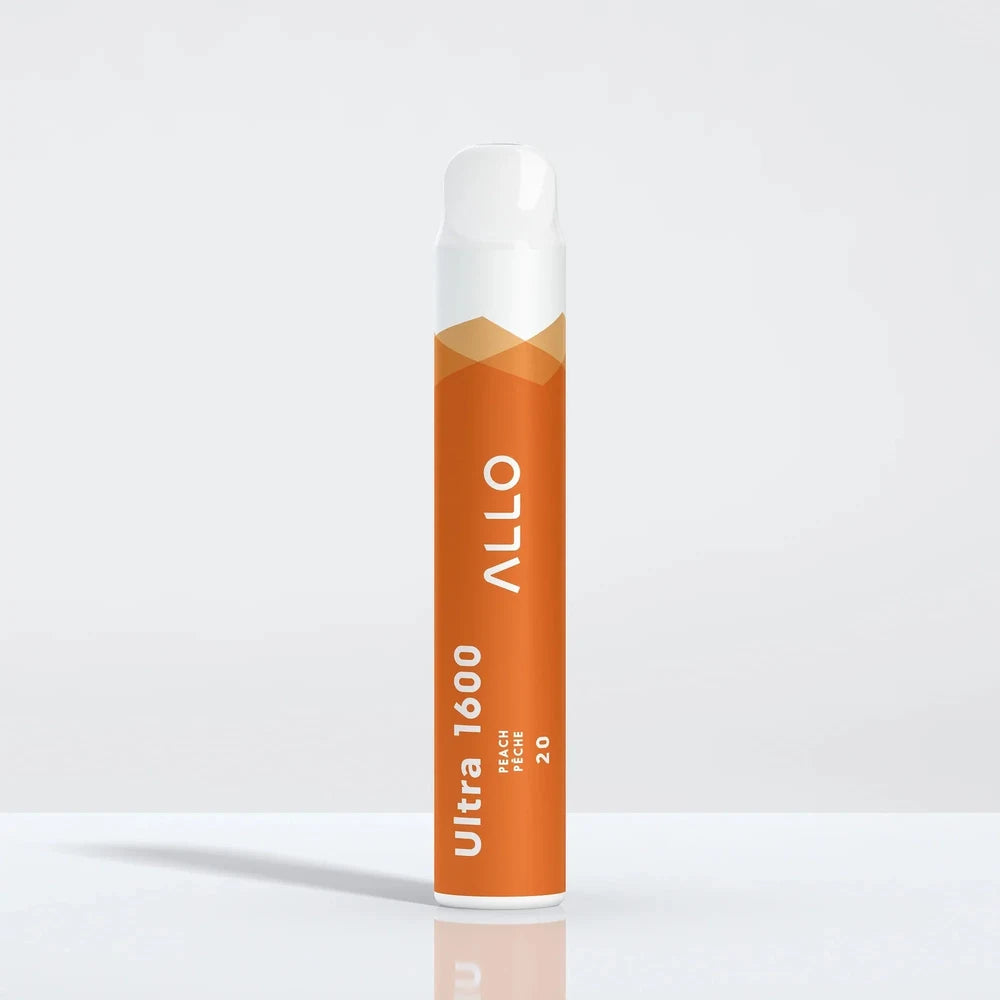 An ALLO Ultra 1600 Peach disposable vape featuring an orange body with white text and a white mouthpiece, displayed upright against a clean white background.
