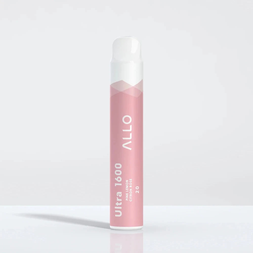 An Allo Ultra 1600 Pink Lemon disposable vape with a pink body and white mouthpiece, featuring the text Allo Ultra 1600 Pink Lemon Citron Rose 20.