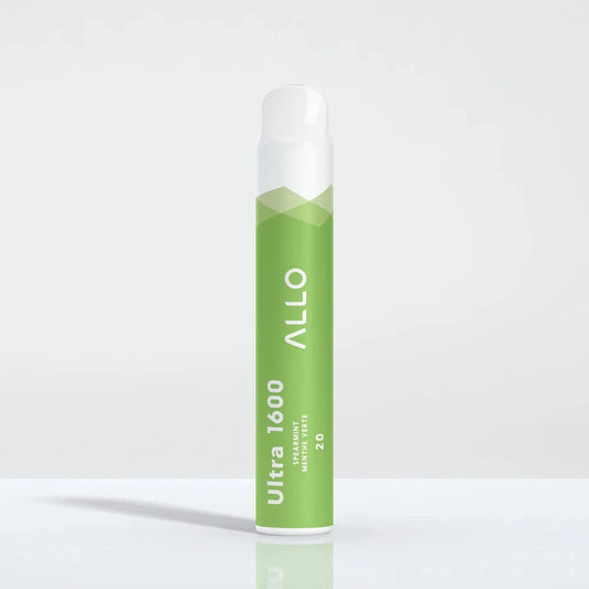 An Allo Ultra 1600 Spearmint disposable vape with a green body and white mouthpiece, featuring the text Allo Ultra 1600 Spearmint Menthe Verte 20 on a white studio background.