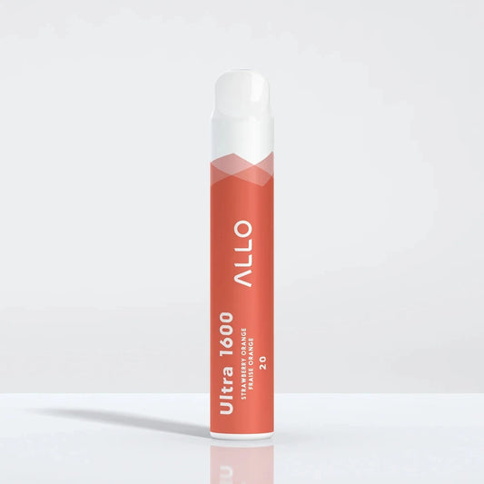 An Allo Ultra 1600 Strawberry Orange disposable vape with a coral orange body and white mouthpiece, featuring the text Allo Ultra 1600 Strawberry Orange Fraise Orange 20.