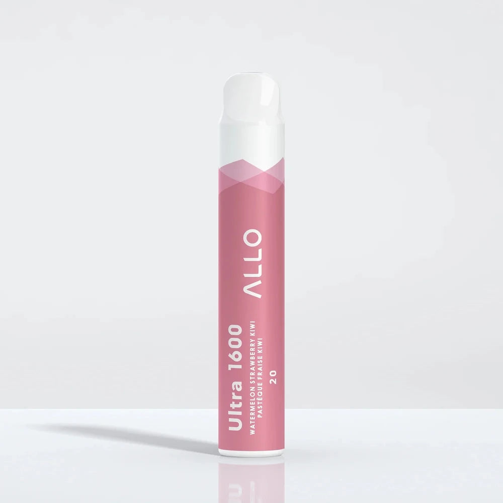 Allo Ultra 1600 Watermelon Strawberry Kiwi disposable vape featuring a pink cylindrical body with white accents and text reading Ultra 1600, Allo, and 20.