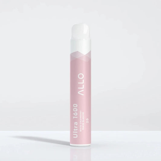 Allo Ultra 1600 White Strawberry disposable vape featuring a light pink cylindrical body with white text and a white mouthpiece on a neutral background.