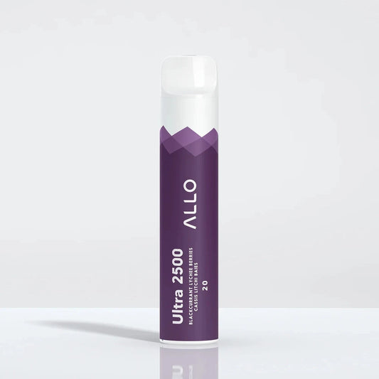 Allo Ultra 2500 Blackcurrant Lychee Berries disposable vape featuring a purple and white cylindrical body with a clear mouthpiece, labeled with Allo Ultra 2500 and flavor text.