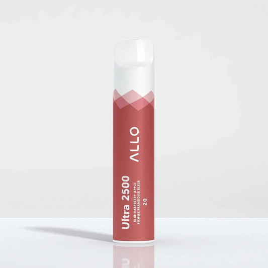 An Allo Ultra 2500 Blue Raspberry Apple disposable vape stands upright against a plain white background, featuring a red cylindrical body with white text and a clear mouthpiece.