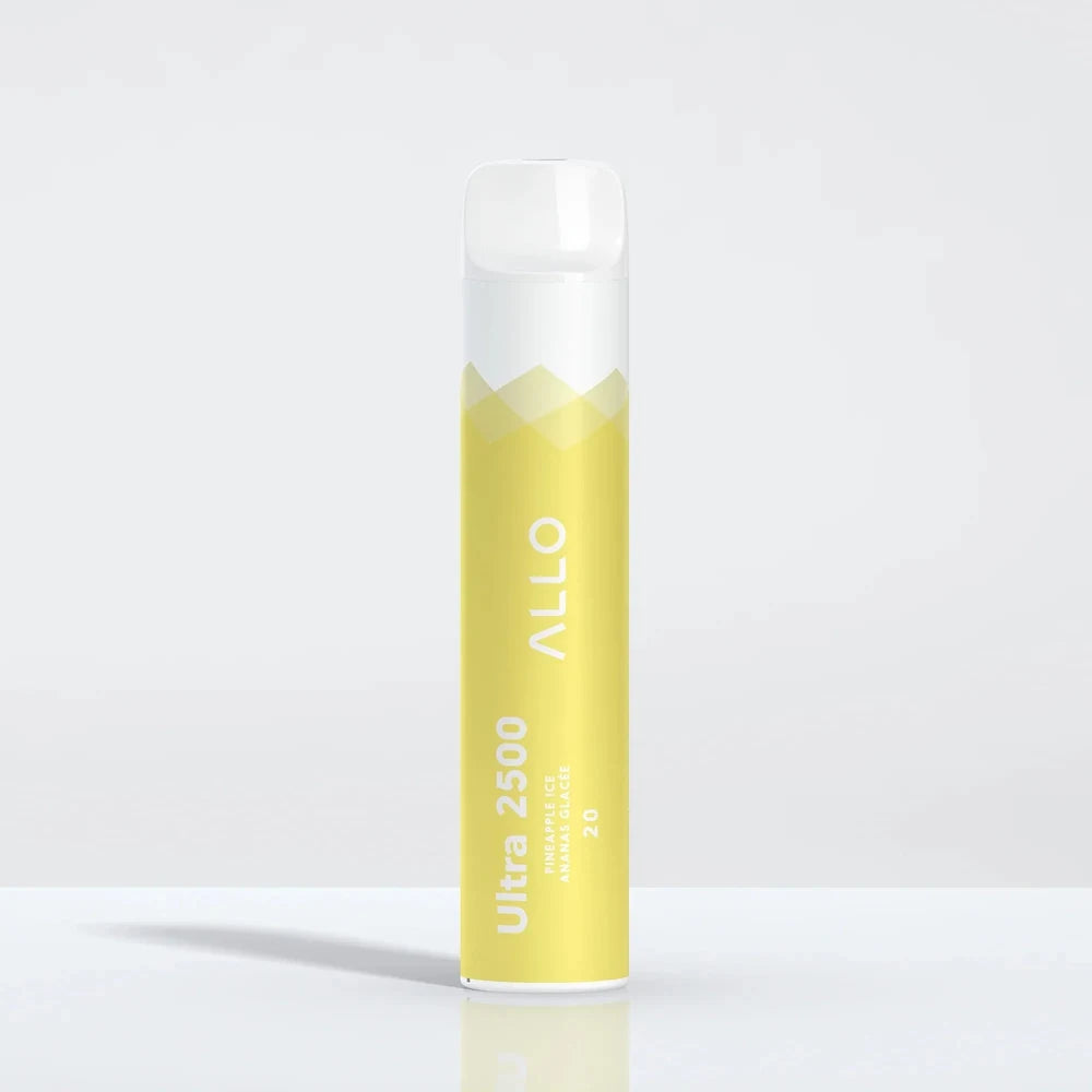 An Allo Ultra 2500 Pineapple Ice disposable vape featuring a yellow and white cylindrical body with the Allo logo and Ultra 2500 text, standing on a reflective white surface.