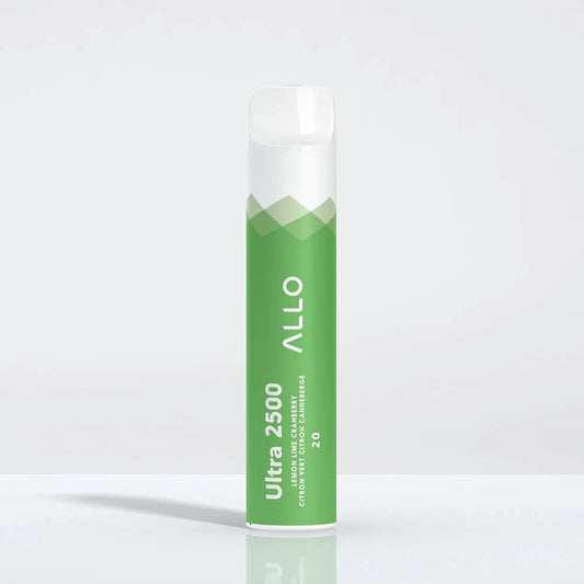 An ALLO Ultra 2500 Lemon Lime Cranberry disposable vape featuring a green and white cylindrical body with a clear mouthpiece, labeled with Ultra 2500 and flavor text.