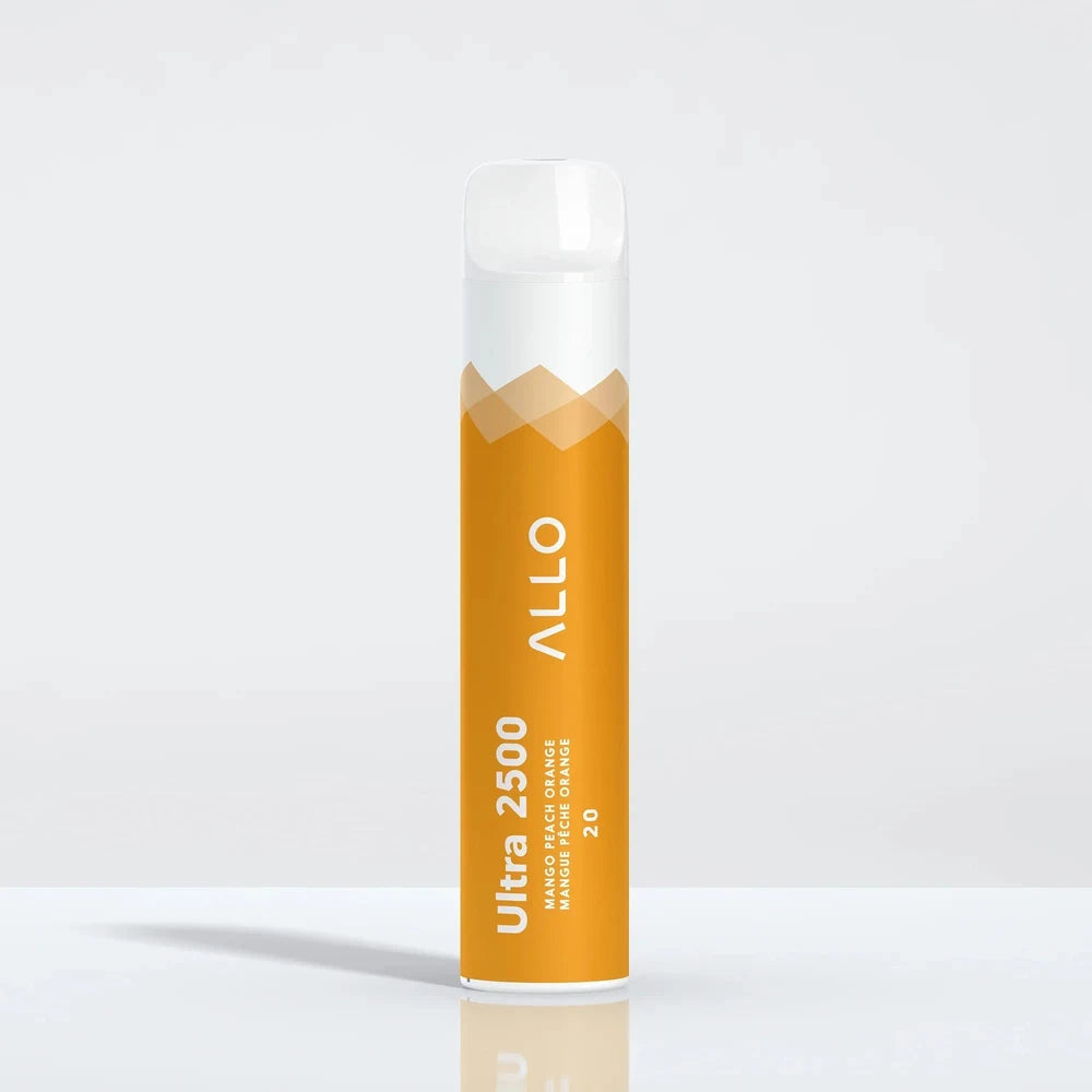An ALLO Ultra 2500 Mango Peach Orange disposable vape with an orange and white cylindrical body and a clear mouthpiece, featuring the text Ultra 2500 and ALLO on a plain white background.