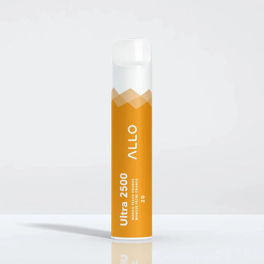 An ALLO Ultra 2500 Mango Peach Orange disposable vape with an orange and white cylindrical body and a clear mouthpiece, featuring the text Ultra 2500 and ALLO on a plain white background.