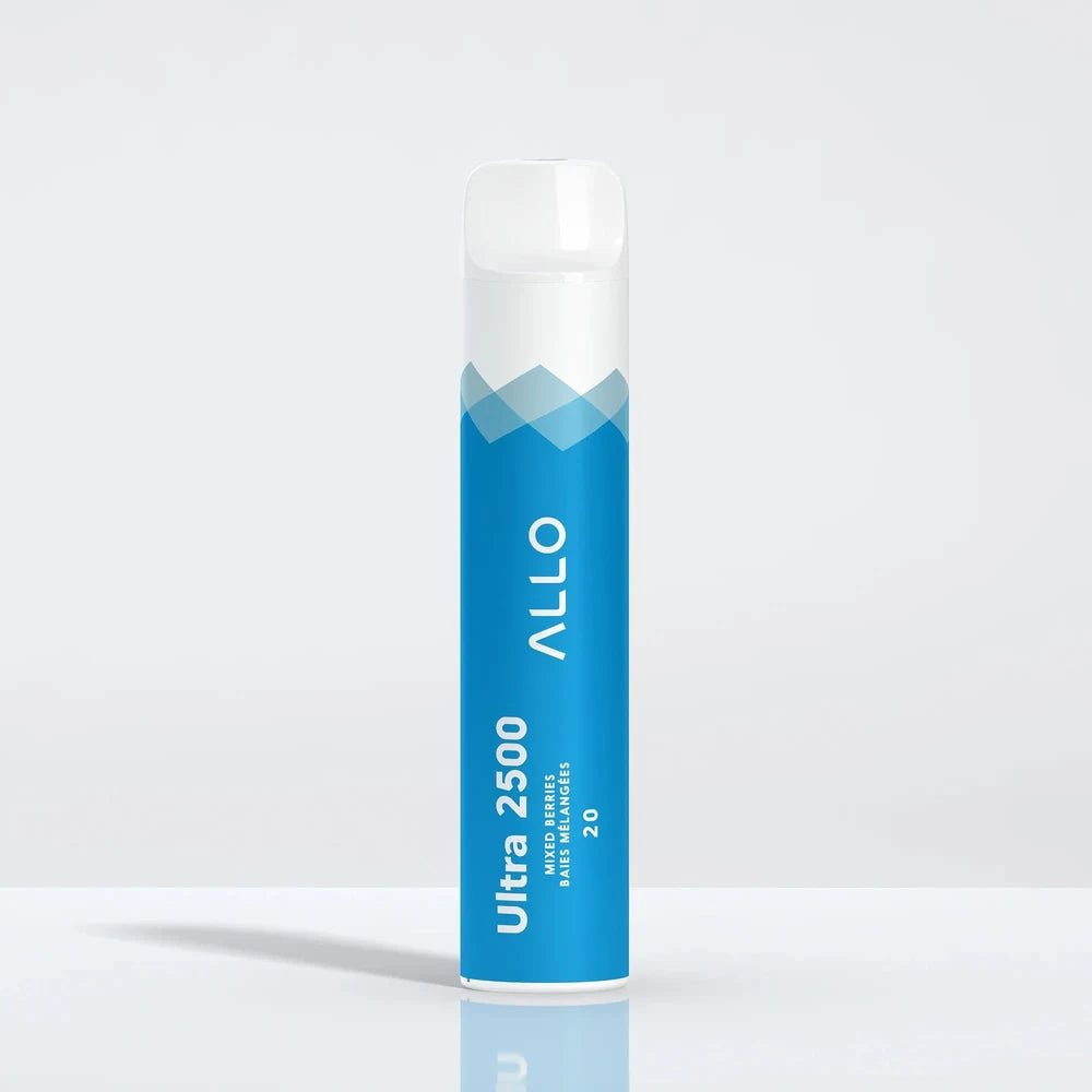 Allo Ultra 2500 Mixed Berries disposable vape featuring a blue and white cylindrical body with a clear mouthpiece, labeled with Allo, Ultra 2500, Mixed Berries, Baies Mélangées, and 20.