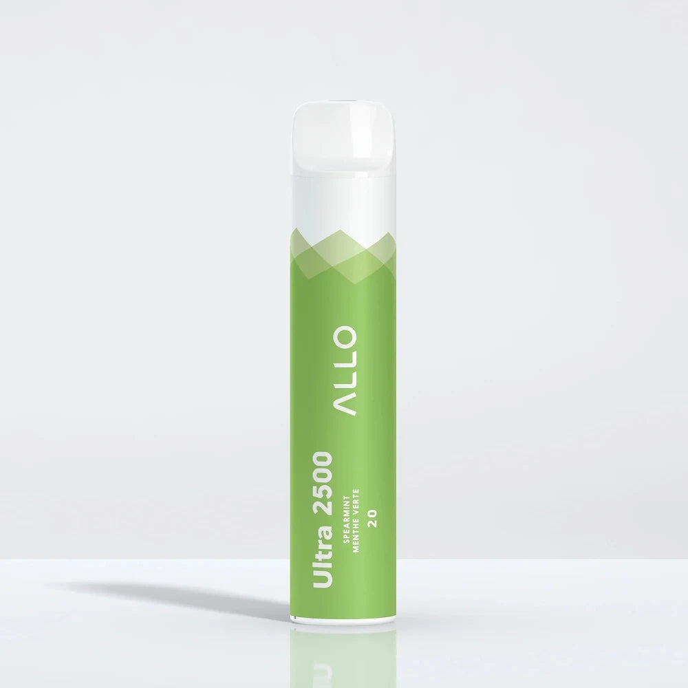 An Allo Ultra 2500 Spearmint disposable vape featuring a green and white cylindrical body with the text Ultra 2500, Spearmint, Menthe Verte, 20, and the Allo logo, shown against a plain white background.