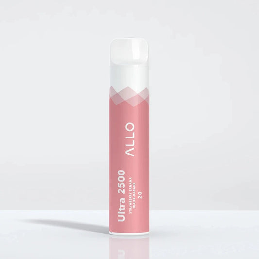 Allo Ultra 2500 Strawberry Banana disposable vape featuring a pink and white cylindrical body with a clear mouthpiece, labeled with Ultra 2500 and Fraise-Banane text.
