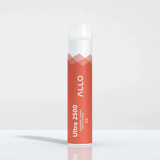 An Allo Ultra 2500 Strawberry Orange disposable vape featuring a cylindrical orange body with white text and a clear mouthpiece against a plain white background.