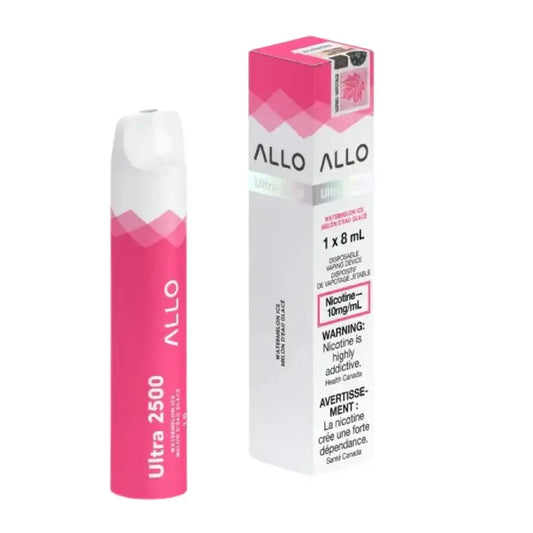 Allo Ultra 2500 Watermelon Ice disposable vape featuring a pink and white cylindrical device next to its original packaging with visible nicotine warning labels.