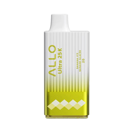 An Allo Ultra 25K Banana Ice disposable vape featuring a white and yellow gradient ribbed body with a white mouthpiece and Banana Ice Banane Glacée 20 text.