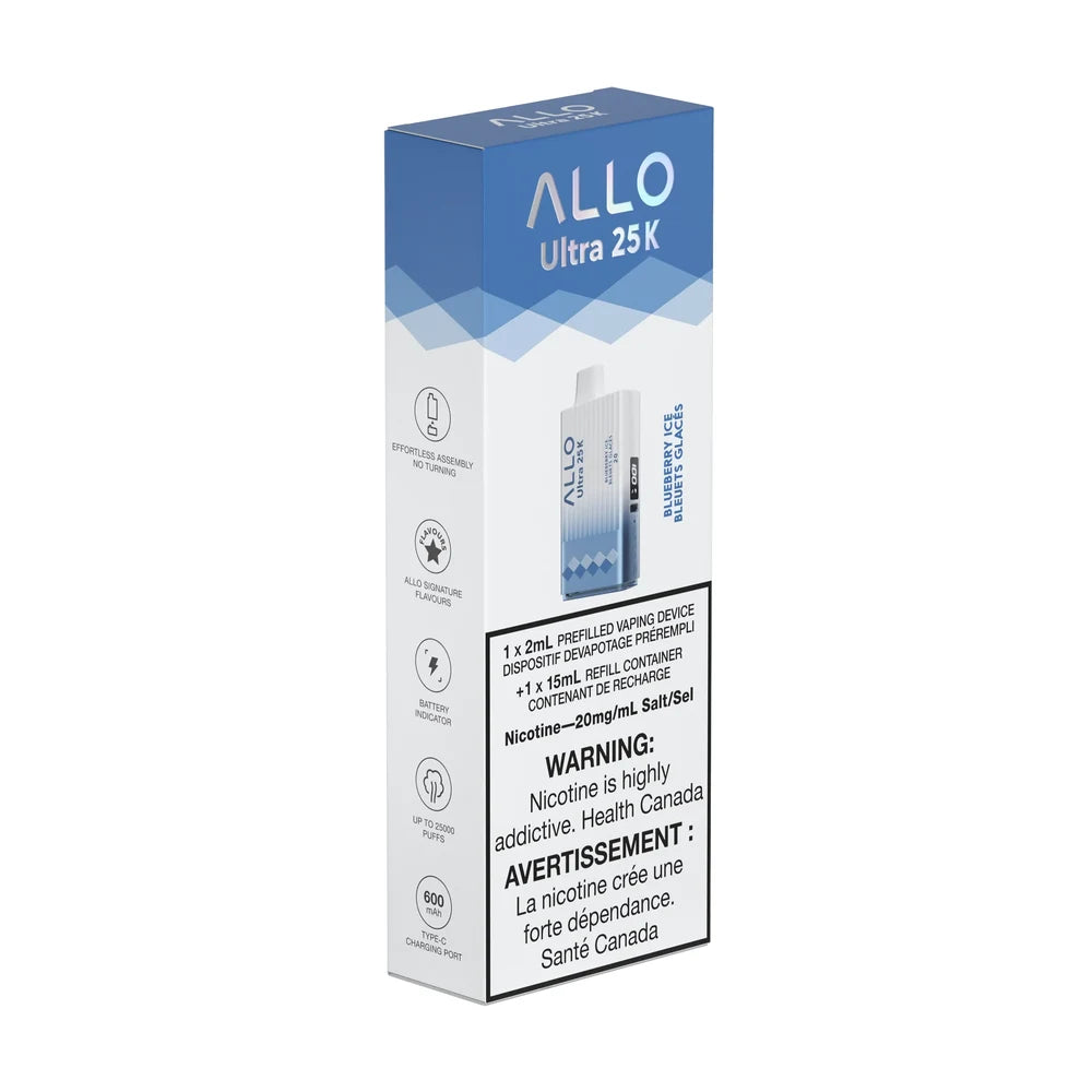 The ALLO Ultra 25K Blueberry Ice disposable vape packaging features a blue and white box displaying the device, flavor name, and technical specifications including a 20mg/mL nicotine warning.