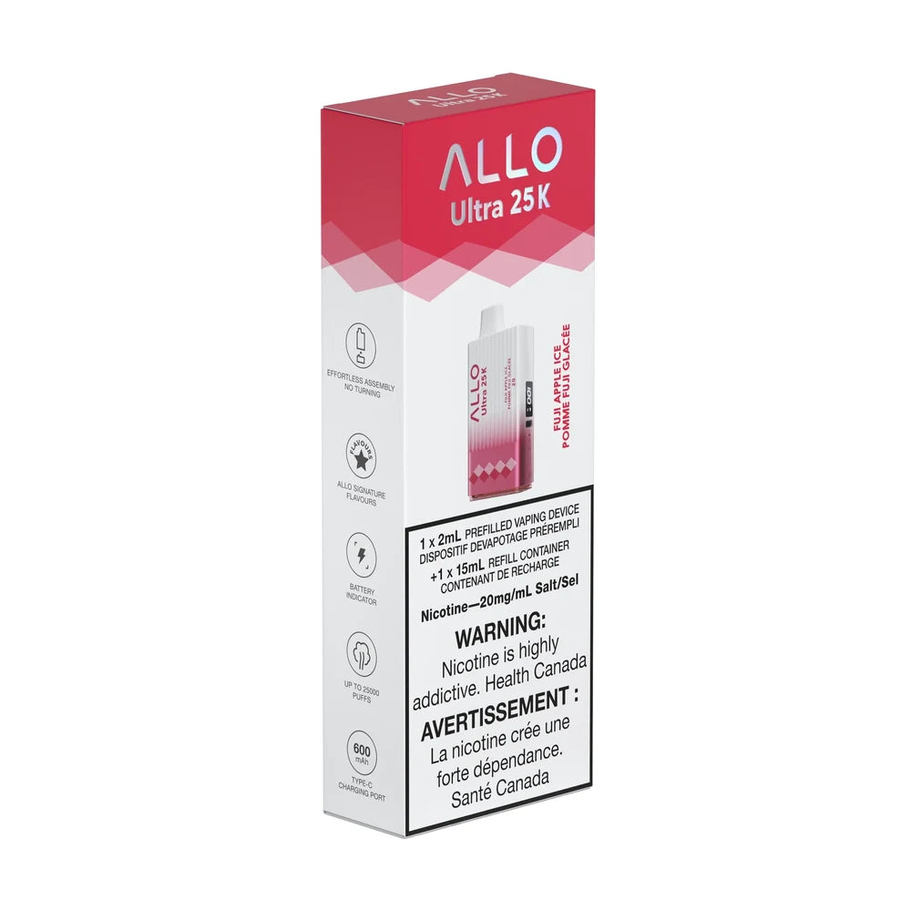 A red and white box for the ALLO Ultra 25K Fuji Apple Ice disposable vape featuring product specifications and a health warning label on a plain white background.