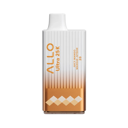 An Allo Ultra 25K Juicy Mango disposable vape featuring a white and metallic orange gradient body with vertical ridges and the text Allo Ultra 25K, Juicy Mango, Mangue Juteuse, and 20.