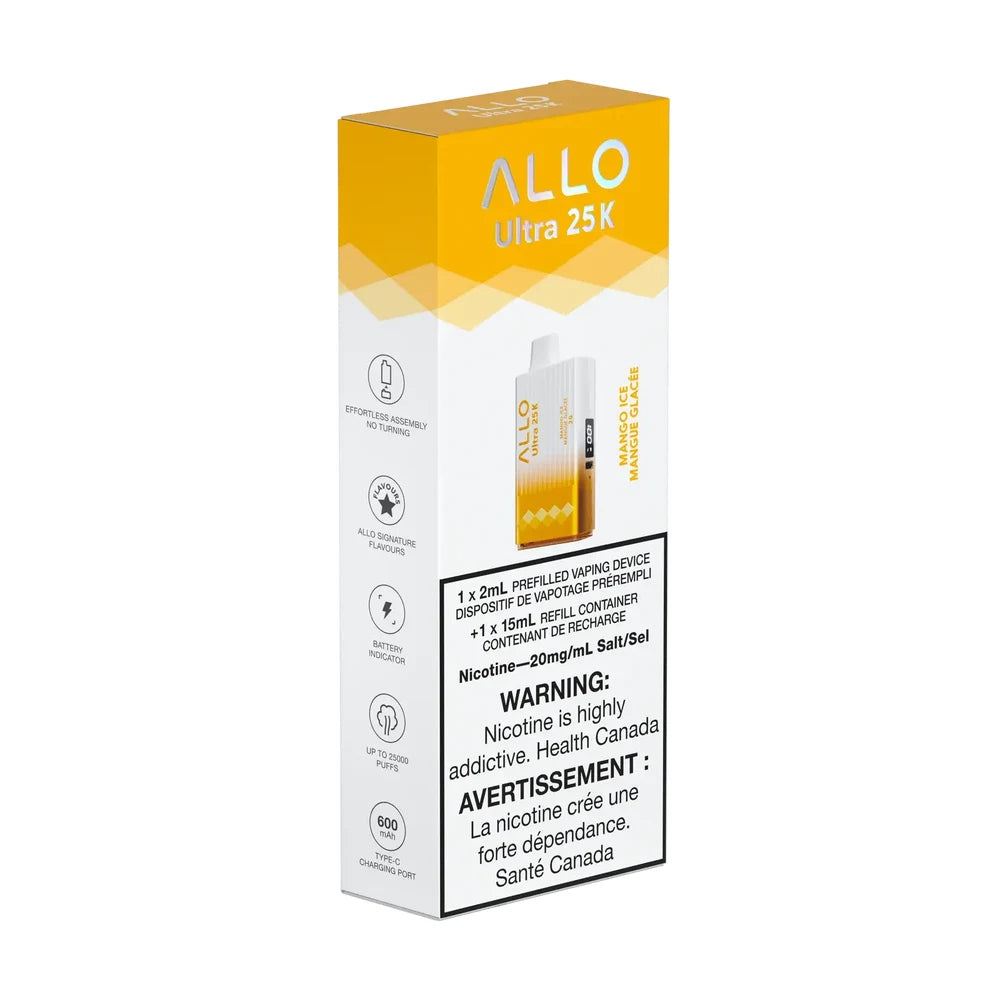 Packaging for the Allo Ultra 25K Mango Ice disposable vape featuring a white and orange box with an image of the device and technical specifications including 20mg/mL nicotine salt.