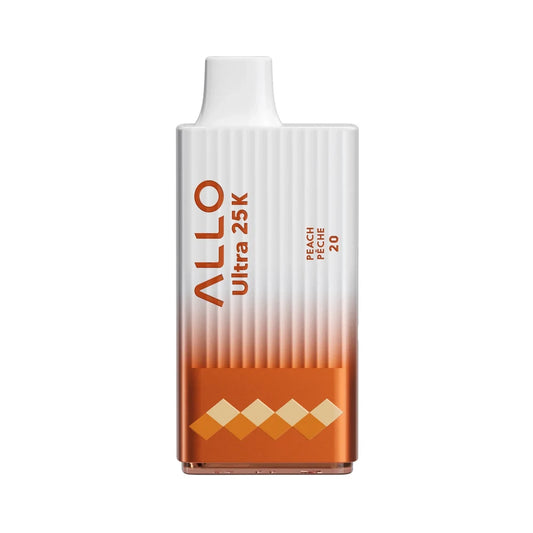 An Allo Ultra 25K Peach disposable vape featuring a white and orange gradient ribbed body with a white mouthpiece, labeled with Peach Pêche 20 and a diamond pattern.