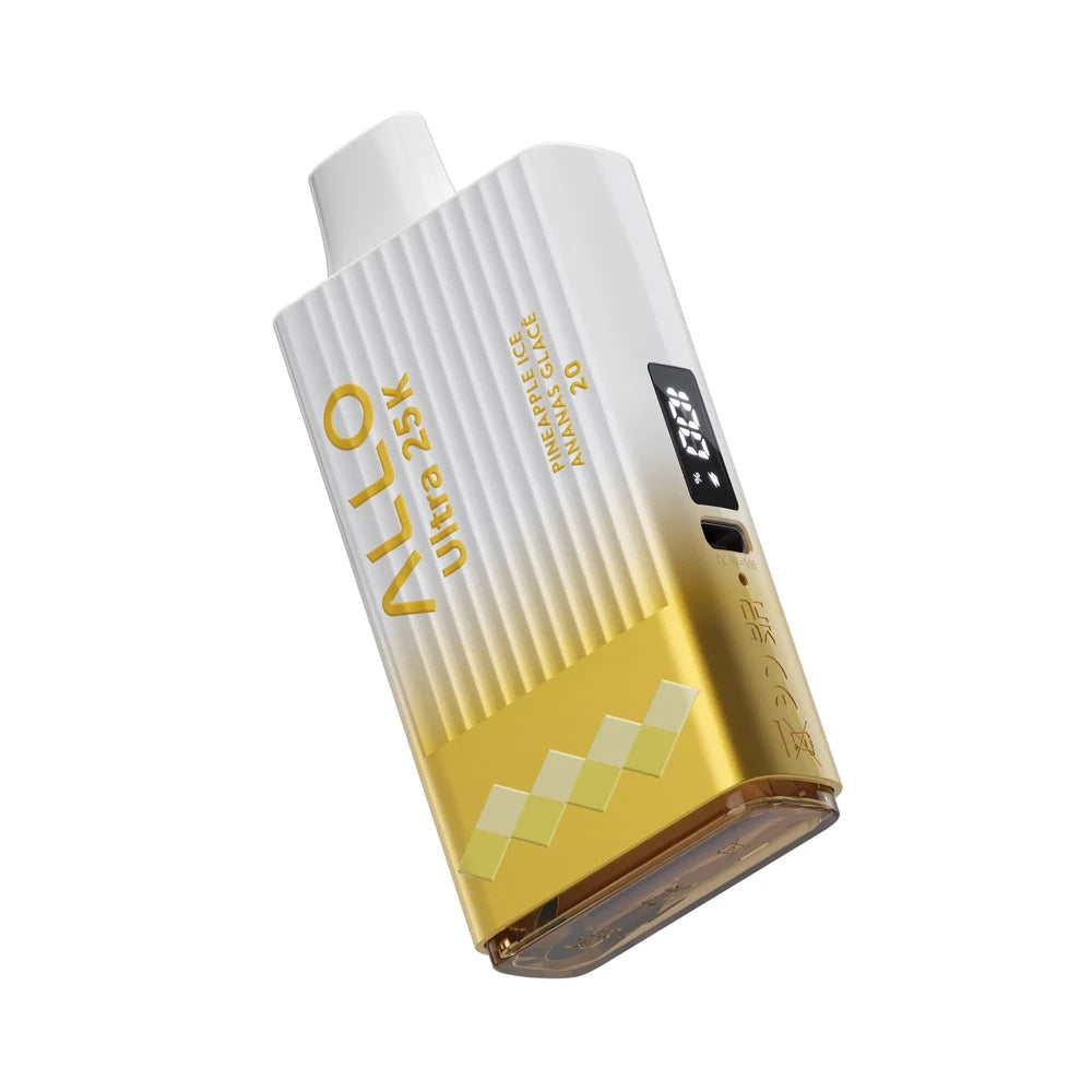 An Allo Ultra 25K Pineapple Ice disposable vape featuring a white and gold textured body with a digital display screen and Pineapple Ice Ananas Glacé 20 printed on the side.