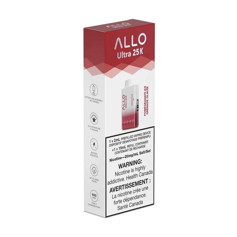 The packaging for an Allo Ultra 25K Pomegranate Ice disposable vape features a red and white box with an image of the device, flavor name, and nicotine warning labels.