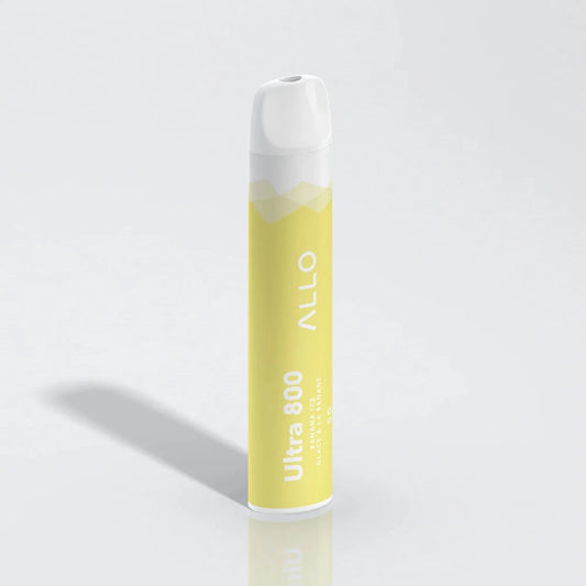 An ALLO Ultra 800 Banana Ice disposable vape featuring a yellow body with white accents and text reading ALLO Ultra 800 Banana Ice Glace à la Banane.
