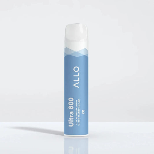 An Allo Ultra 800 Blue Raspberry Lemon disposable vape featuring a light blue cylindrical body with white text and a clear mouthpiece, set against a plain white background.