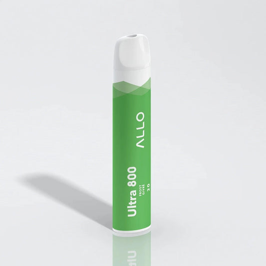 An Allo Ultra 800 Frost disposable vape with a green body, white mouthpiece, and printed text reading Ultra 800 Frost Givré 20 and Allo.