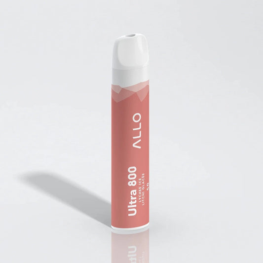 Allo Ultra 800 Lychee Ice disposable vape featuring a pink cylindrical body with a white mouthpiece and text reading Allo Ultra 800 Lychee Ice Litchi Glacée.