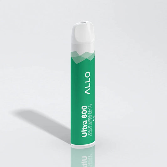 An Allo Ultra 800 Orange Mango Guava disposable vape featuring a green cylindrical body with a white mouthpiece and text reading Ultra 800 Orange Mango Guava.
