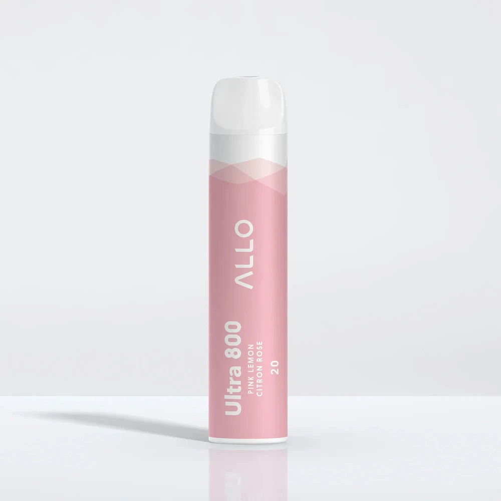 An Allo Ultra 800 Pink Lemon disposable vape with a pink body and white mouthpiece, featuring the text Ultra 800, Pink Lemon, Citron Rose, and 20.