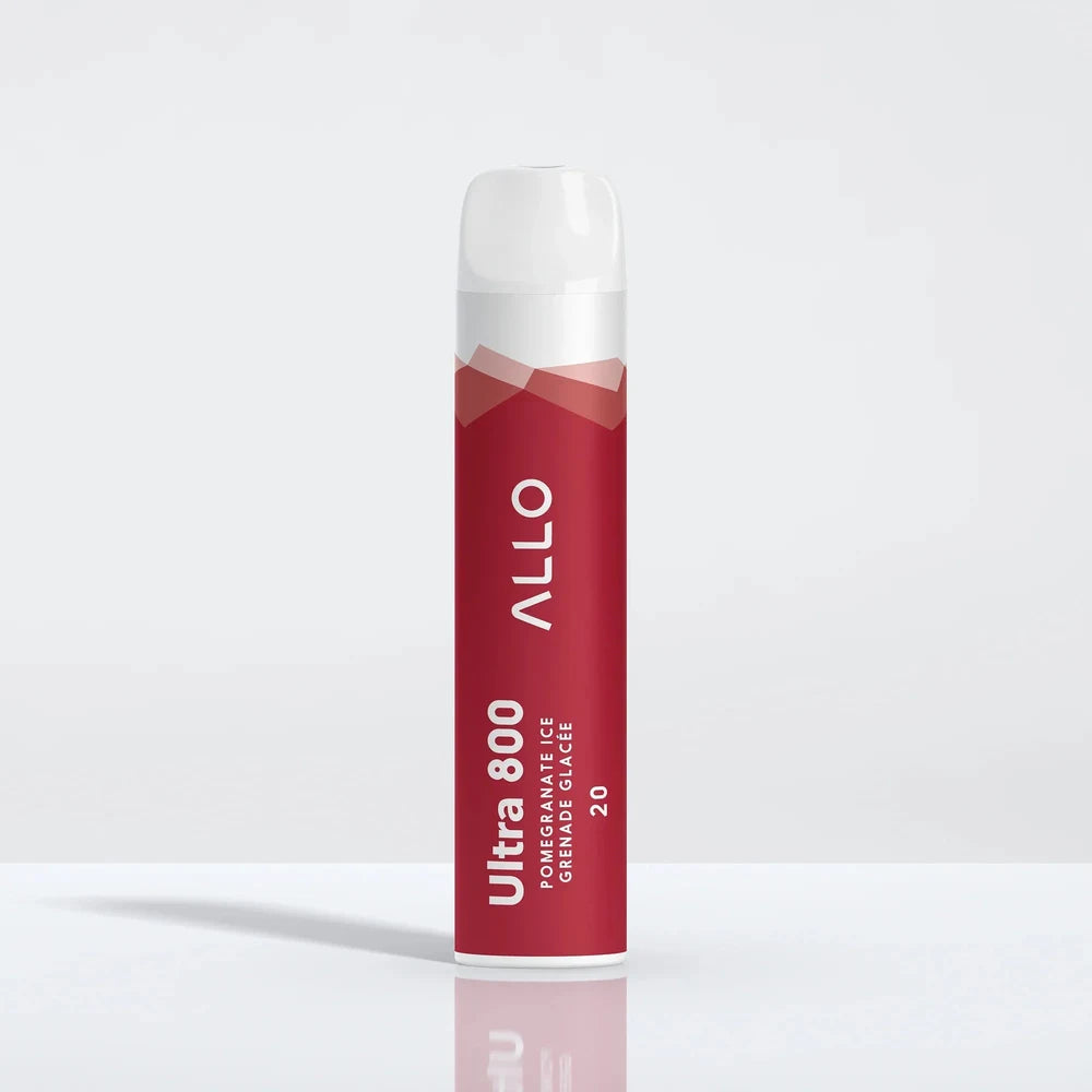 An Allo Ultra 800 Pomegranate Ice disposable vape featuring a red cylindrical body with a clear mouthpiece, labeled with Allo Ultra 800 Pomegranate Ice Grenade Glacée 20.