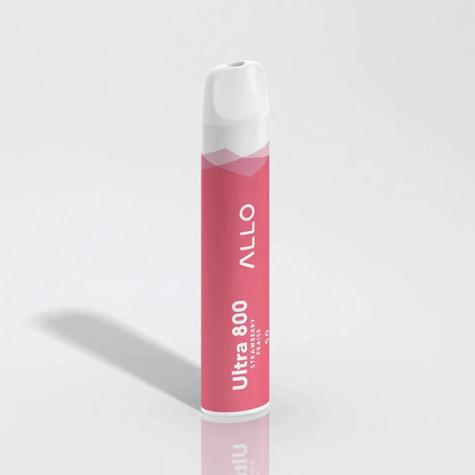 An Allo Ultra 800 Strawberry Fraise disposable vape with a pink body and white mouthpiece stands upright against a plain white background.
