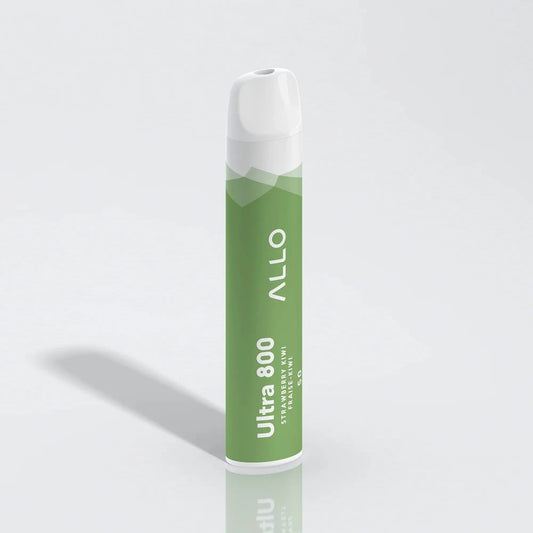 An Allo Ultra 800 Strawberry Kiwi disposable vape featuring a green and white cylindrical body with a white mouthpiece, labeled with Ultra 800 and Strawberry Kiwi text against a plain white background.